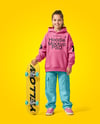 Girl Wearing Hoodie & Cargo Pants with Skateboard Mockup