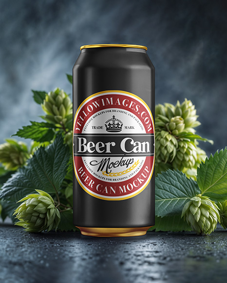 Beer Can Surrounded by Hops Branches Mockup