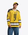 Man Wearing Ice Hockey Jersey and Cap Mockup