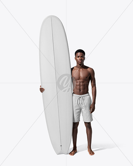 Young Man Wearing Shorts and Holds Surfboard Mockup