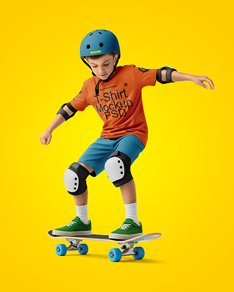 Boy Wearing T-Shirt and Shorts with Skateboard Mockup