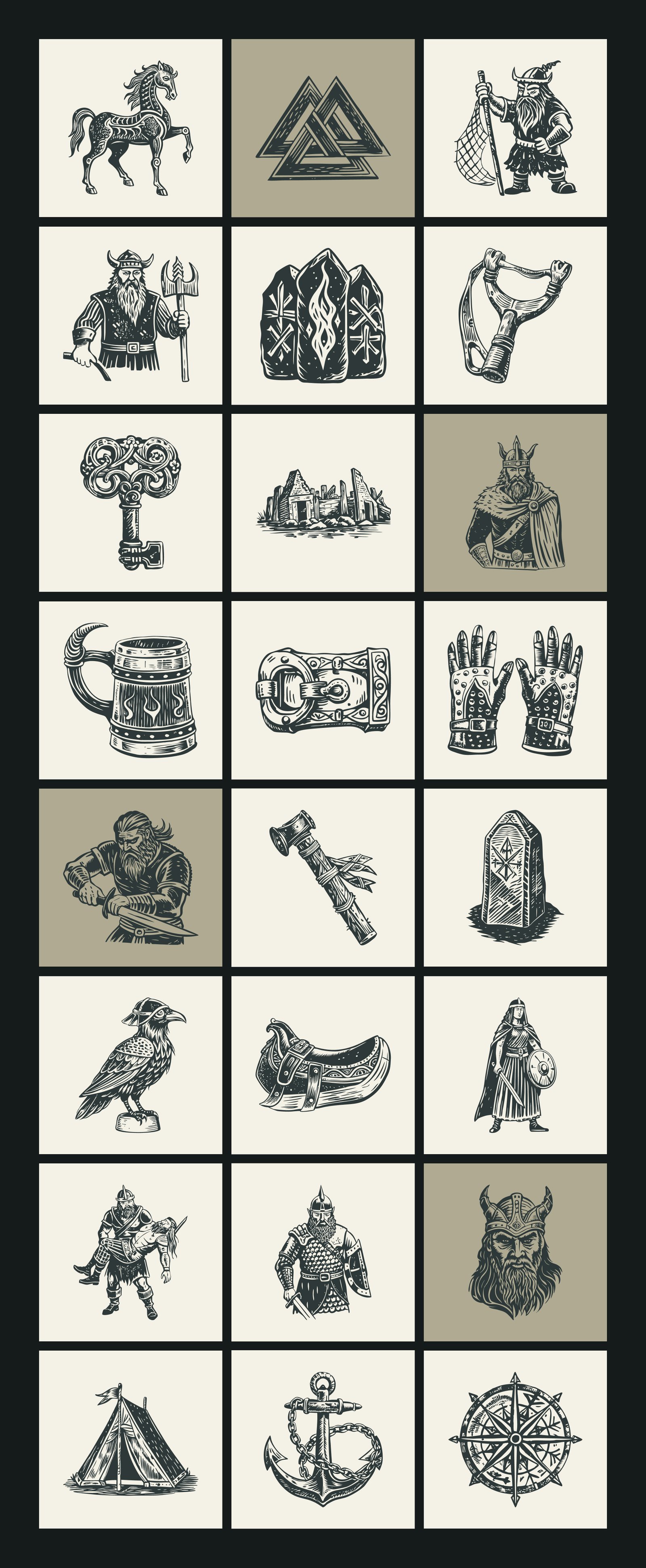 Vintage Viking Art Icon Set