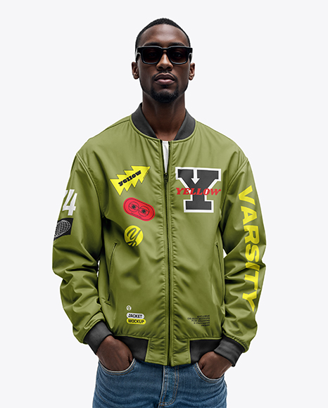 Black Man in Sunglasses Wearing Bomber Jacket and Jeans Mockup - Jacket mockup
