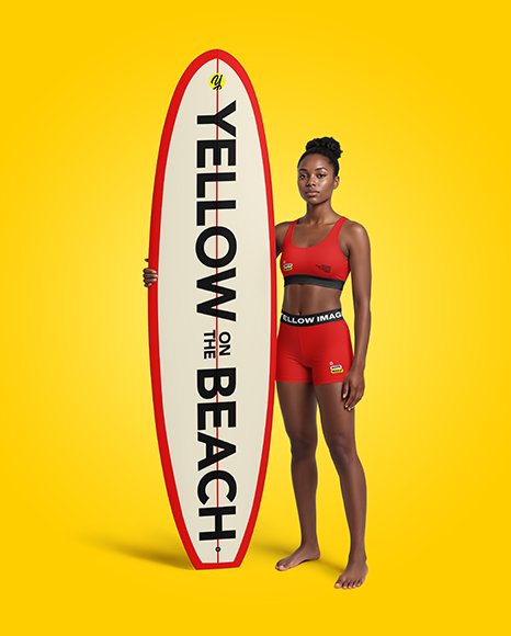 Woman Wearing Sports Bra and Shorts Holding Surfboard Mockup