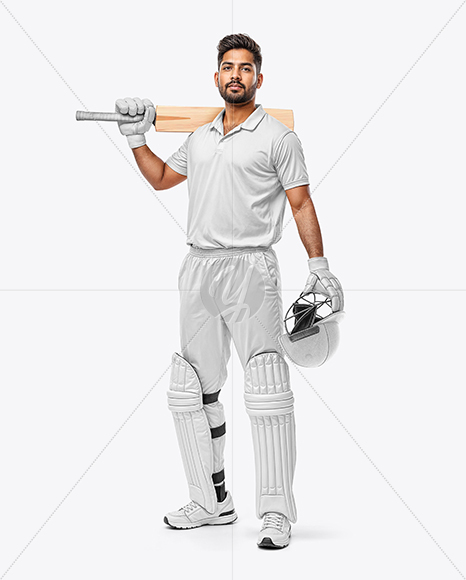 Indian Man Wearing Full Cricket Kit with Bat Mockup