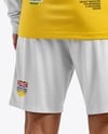 Man Wearing Long Sleeve Soccer Jersey and Shorts Mockup