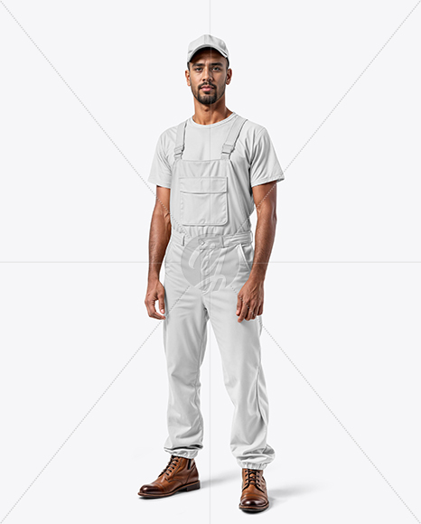 Man Wearing a Bib Overalls and T-Shirt Mockup