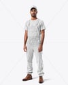 Man Wearing a Bib Overalls and T-Shirt Mockup