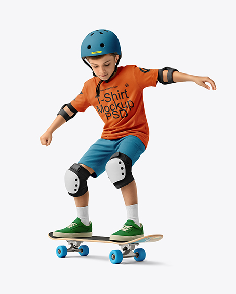 Boy Wearing T-Shirt and Shorts with Skateboard Mockup