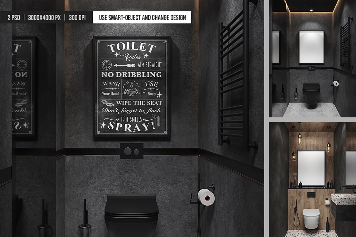 Poster in Black Bathroom Interior Mockup