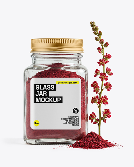 Square Glass Jar with Sumac Spice Mockup - Realistic mockups