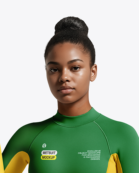 Female Surfer in a Wetsuit with a Surfboard Mockup