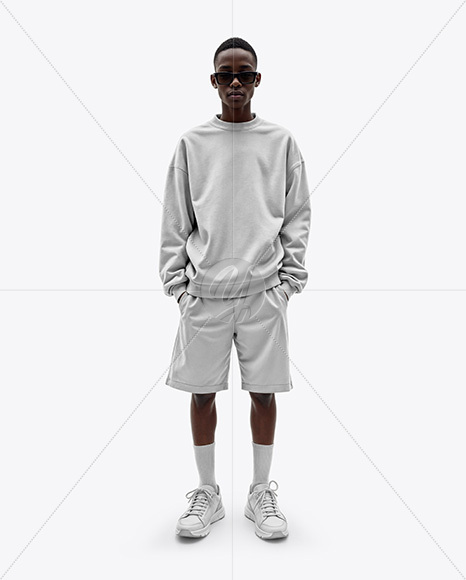 Young Black Man Wearing Oversize Sweatshirt and Shorts Mockup