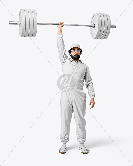 Powerlifter Wearing Janitor Uniform and Cap with Barbell Mockup