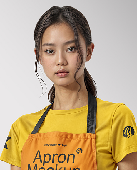 Asian Woman Wearing Apron and T-Shirt Mockup