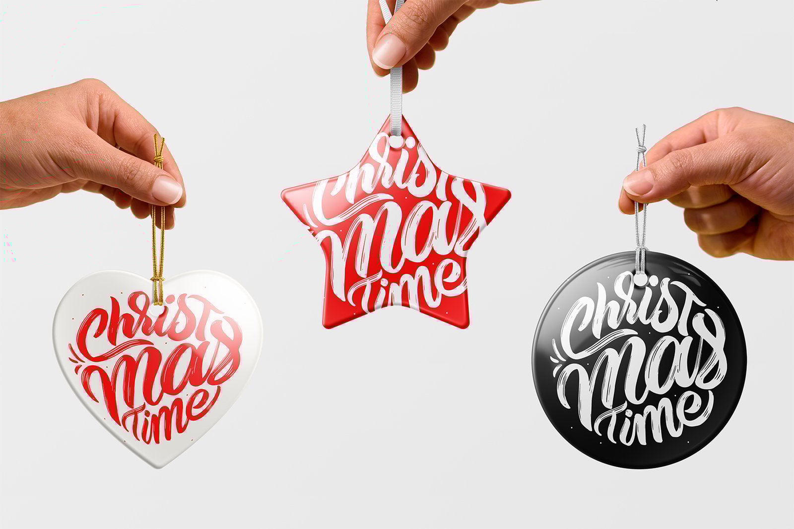Hand Holding Christmas Ceramic Ornaments Mockup Scene