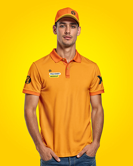 Young Man Wearing Polo Shirt and Baseball Cap Mockup