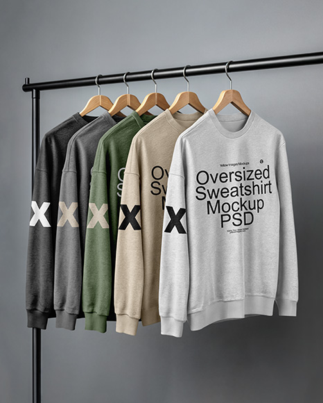 Five Sweatshirts on a Black Rack Against a Plain Background Mockup - Blank sweatshirt mockup