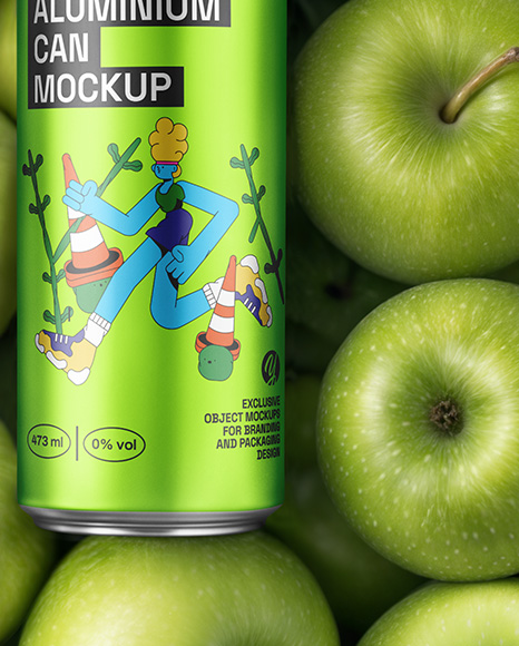 16oz Drink Can on a Stack of Green Apples Mockup