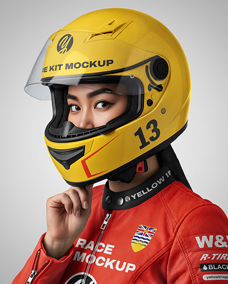 Woman Wearing Leather Jacket and Racing Helmet Mockup