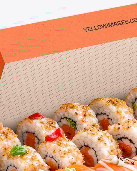 Opened Kraft Paper Box with Sushi Mockup
