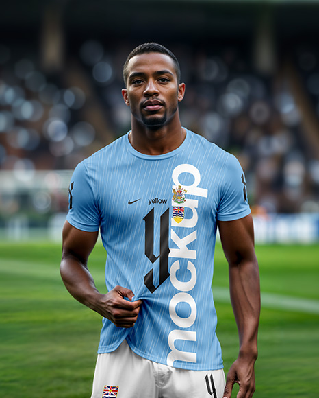 Soccer Player Wearing a Crew Neck Jersey and Shorts at the Stadium Mockup