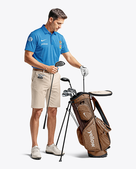 Man Wearing Golf Shirt and Shorts with Bag Mockup - Kit mockup psd