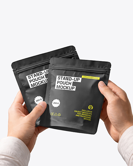Two Matte Stand-Up Pouch in Hands Mockup