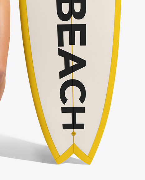 Woman Wearing Long Sleeve Rashguard and Bikini Bottom Holding Surfboard Mockup