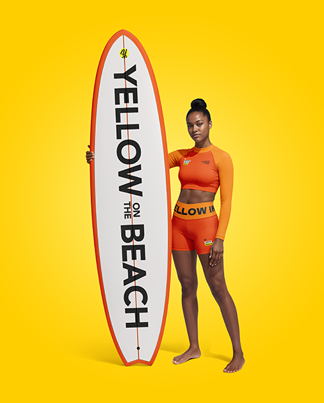 Woman Wearing Long Sleeve Rashguard and Shorts Holding Surfboard Mockup