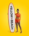 Woman Wearing Long Sleeve Rashguard and Shorts Holding Surfboard Mockup