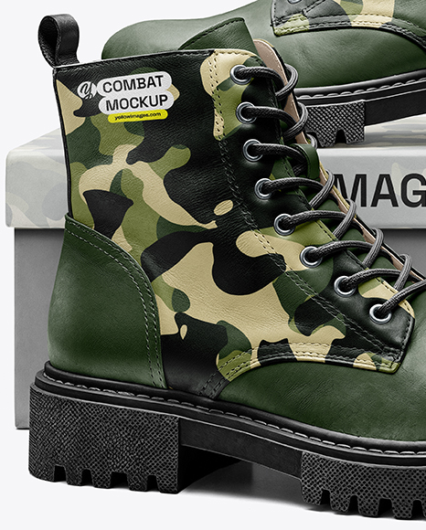 Pair of Women's Combat Boots with Shoe Box Mockup