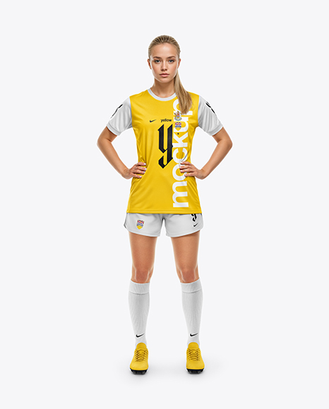 Woman Wearing Soccer Jersey and Shorts Mockup - Mockups