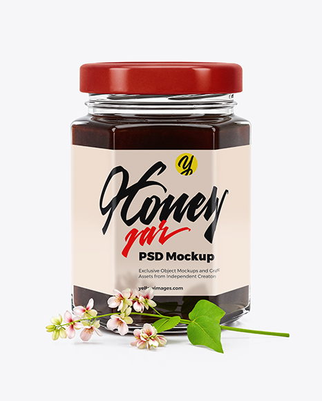 Hexagonal Glass Jar with Buckwheat Honey Mockup - Realistic mockups