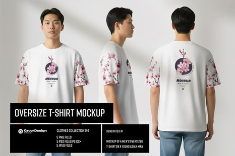 5 Oversized T-Shirt mockups on Asian Man. Vol.01. - Designers