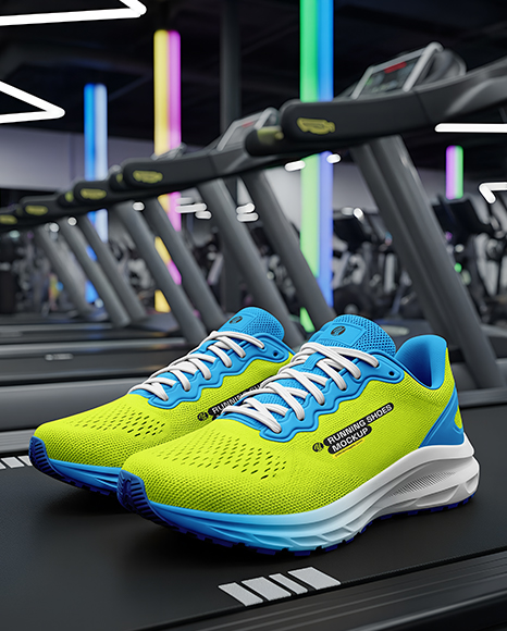 Pair of Running Shoes on Treadmill Mockup