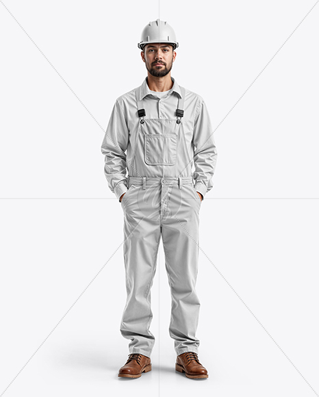 Builder Wearing Bib Overalls and Shirt Mockup