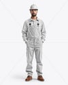 Builder Wearing Bib Overalls and Shirt Mockup