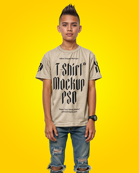 Boy Wearing T-shirt and Ripped Jeans Mockup