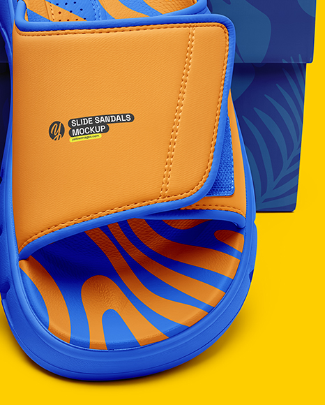 Pair of Velcro Slide Sandals With Box Mockup