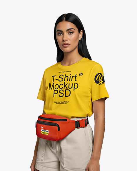 Woman Wearing T-Shirt with Fanny Pack Mockup - Tshirt model mockup