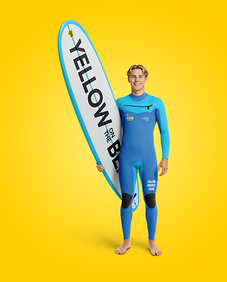 Surfer Wearing Wetsuit with Longboard Mockup