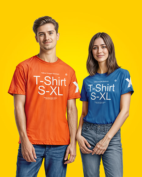A Young Man and a Young Woman Wearing T-shirts and Jeans Mockup