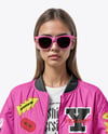 Woman in Sunglasses Wearing Bomber Jacket and Jeans Mockup
