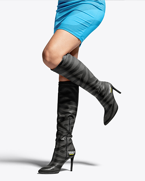 Pair of High-Knee Boots on Women's Legs with Dress Mockup - Mockups