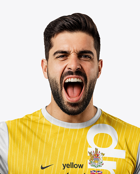 Man Wearing Soccer Jersey and Shorts Holds Cup Mockup