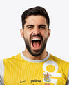 Man Wearing Soccer Jersey and Shorts Holds Cup Mockup