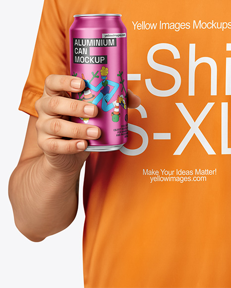 Man Wearing a T-shirt Holding 16oz Drink Can Mockup