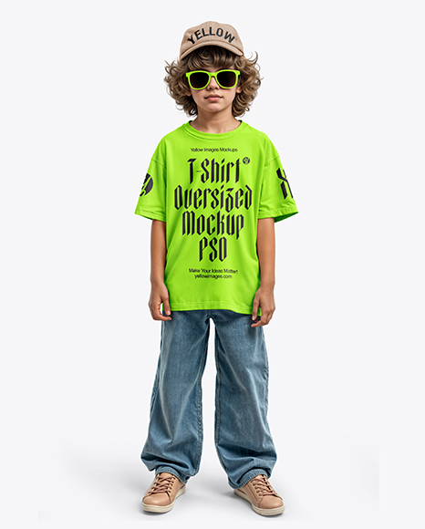 Boy Wearing Oversize T-Shirt and Baseball Cap Mockup - Sunglasses+Mockup+-+Top+View+in+Apparel+Mockups+on+Yellow+...