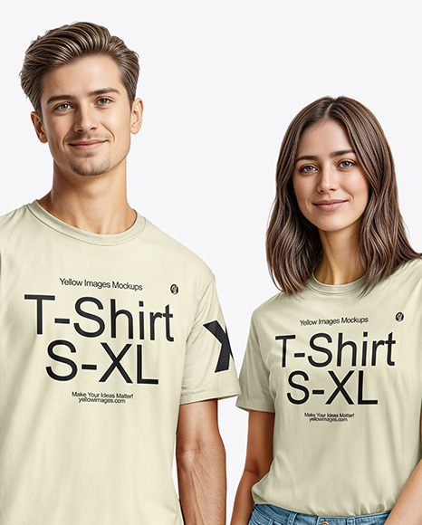 A Young Man and a Young Woman Wearing T-shirts and Jeans Mockup
